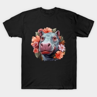 Hippopotamus colorful floral Illustration T-Shirt